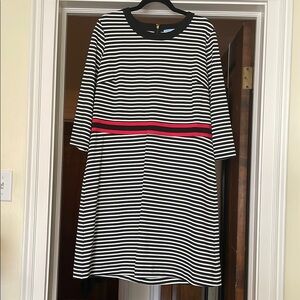 Black and White Striped Dress with Red Accent
